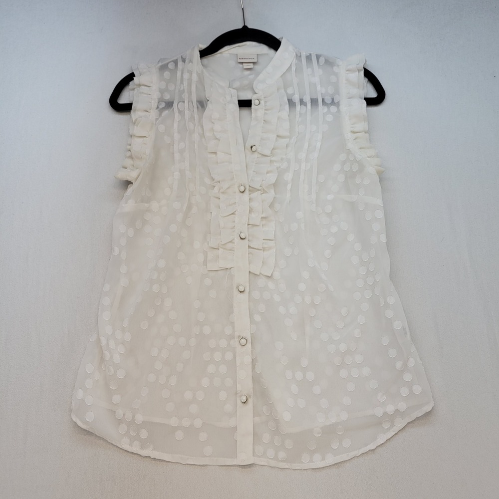 Merona Blouse Womens S White Victorian Ruffle Swiss Dot Sheer Sleeveless Top